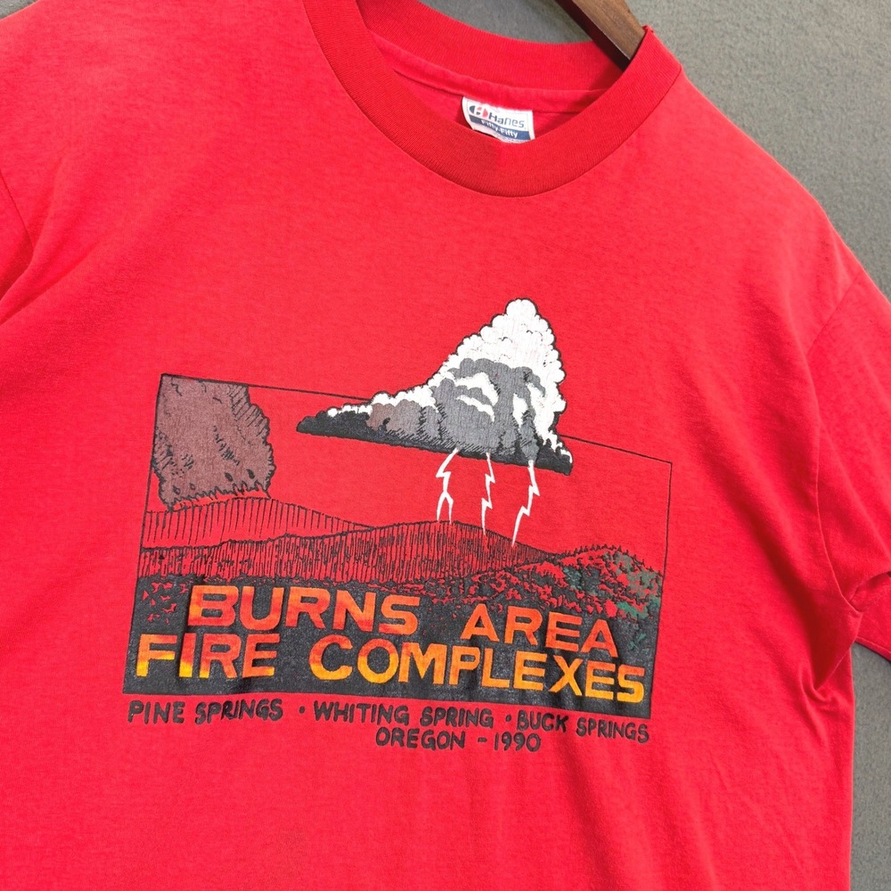 Vintage Burns Area Fire Complexes T-Shirt Men L Red 1990 USA Single Stitch Hanes